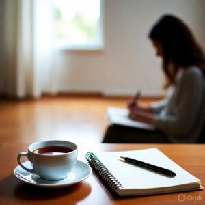 Depiction of a girl writing something in a journal
