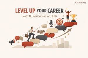 A man and women stepping on ladder of communication achievements and are on top of their career.